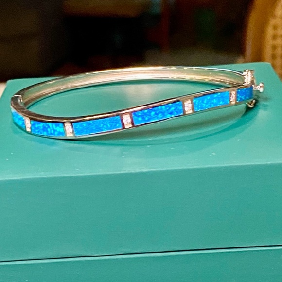 Natural Opal and lab diamonds gemstones set in rhodium plated SS bracelet - Picture 1 of 16